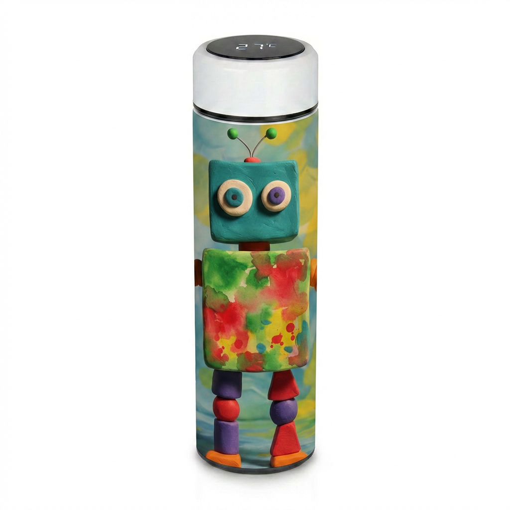Personalized Smart LED Thermos Flask with child's AI-enhanced artwork by MinzyAI